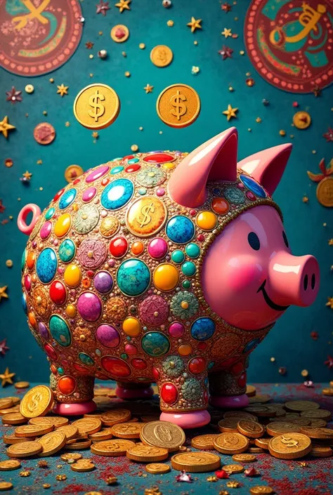 Piggy bank with anything that related to money, make it as mosaic