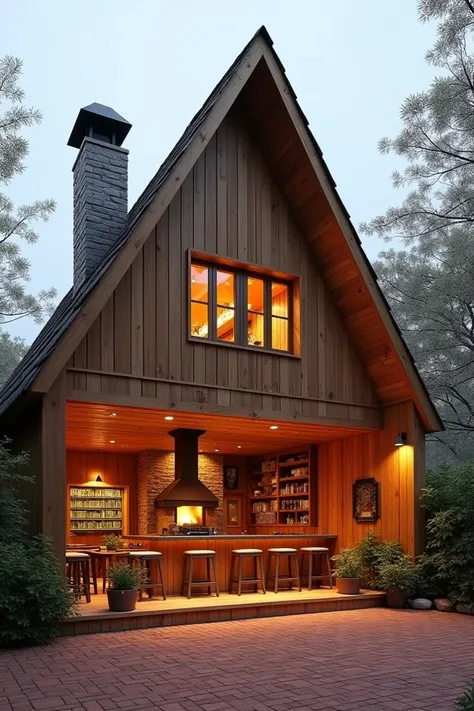 
Image d’une maison à la forme triangulaire, en bois, avec un toit en pente à deux versants, en forme de triangle rectangle. La base de cette maison est orientée vers lavant, et elle repose sur un sol de dallage rouge, avec des carreaux soigneusement dispo...