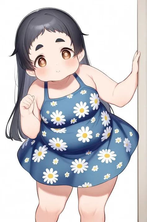 1girl, long hair, black hair, brown eyes, thick round eyebrows, plump round cheeks, petite chubby body, small hands, small feet, clam face, cute eyes, short cutted hair bangs, round eyes,  wearing a daisy pattern dress  score_9_up, score_8_up, masterpiece,...