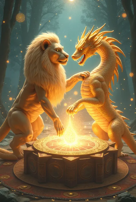 "one altar mágico no centro dIt is aa paisagem celestial. one "golden lion" It is a "sparkling dragon" Are in the process of merging.  The setting transmits power and divine transformation ."