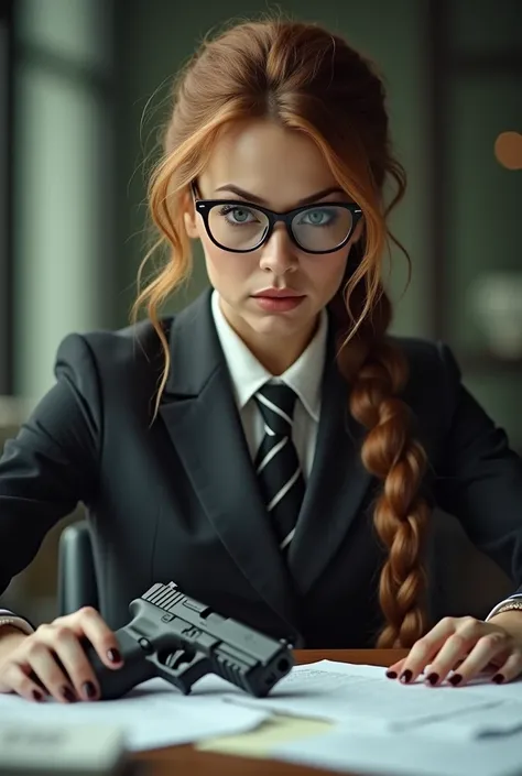 Full body cinematographic image of a woman with caramel-colored hair tightly tied in a brown bun suit, black-rimmed glasses and long black eyes, just like Rapunzel, shes wearing brown reindeer working in a bank and someone threw various papers on her desk ...