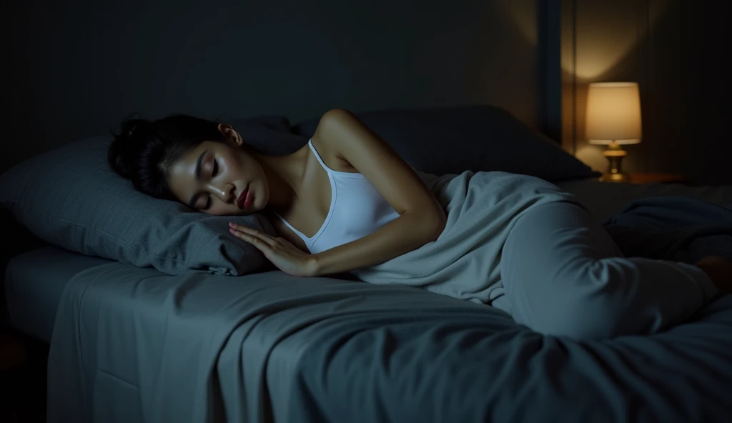 That women for White Tank Tops and White Pajama Pants is sleeping for mattress in bedroom without blanket in night dark, Wearing selimut & wearing a blanket, 4k hd,reel