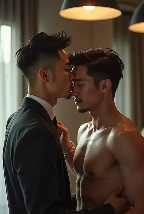 Handsome Japanese male hairdresser is licking hair for a handsome male client 