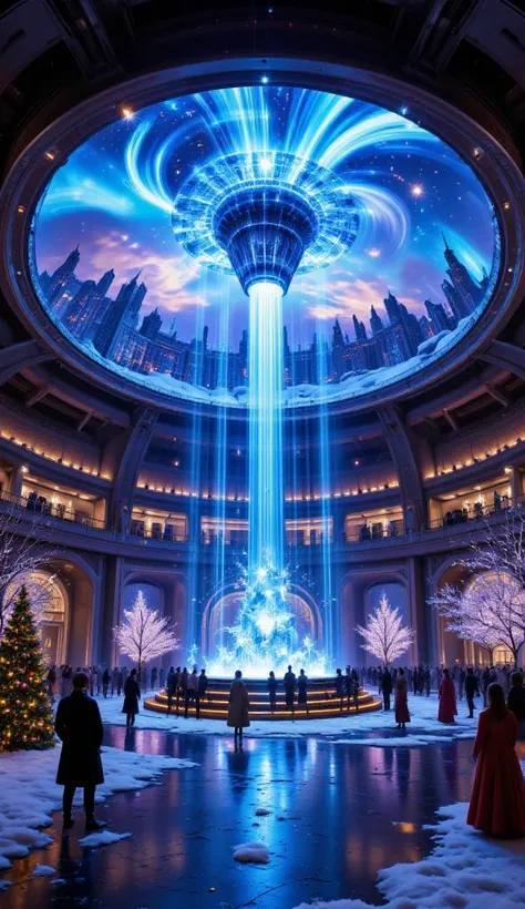 A fusion of holograms and Aurora Diamond Vision, a huge planetarium-like structure that projects beautiful scenery in 360 degrees, Christmas version, masterpiece, best quality, very aesthetic, absurdres, very aesthetic