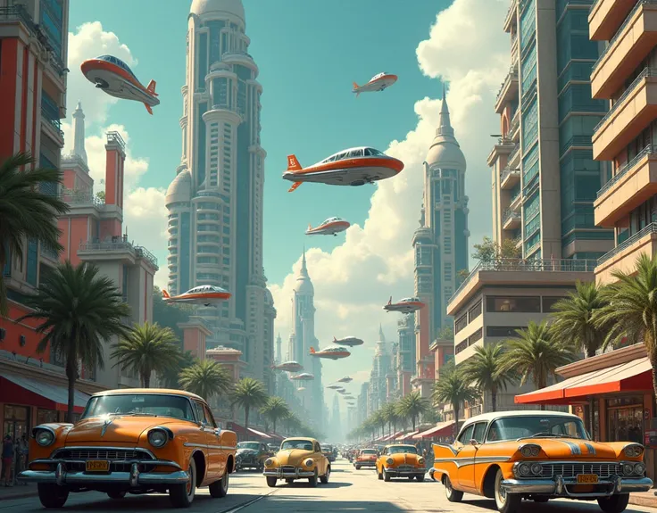 there are many different types of vehicles and vehicles in this picture, skyscrapers and flying cars, retro futurism 1 9 5 0 s, dieselpunk city, retro futurism art, amazing wallpaper, futuristic dieselpunk street, retro futurism, retrofuturism, inspired by...