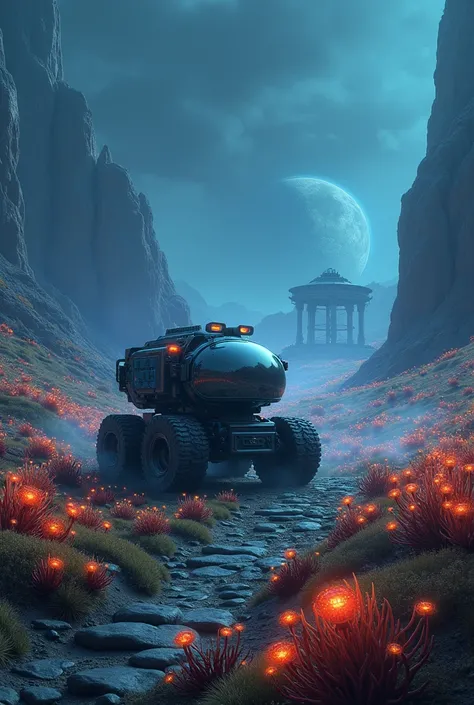 The Search for Alien Life: An alien world with strange, bioluminescent plants and a rover exploring the surface.
(e.g., "A rover on an alien planet with glowing plants and mysterious formations.")
