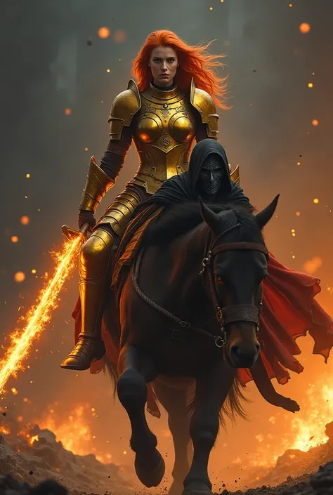 Prompt da imagem: Lady Seraphine,  a woman in golden armor with red ,  riding a huge battle beast , with his flaming sword in his hand . next to her,  the mysterious dark-cloaked warrior , with a mask,  walks toward an enemy camp .  The setting is a dark n...