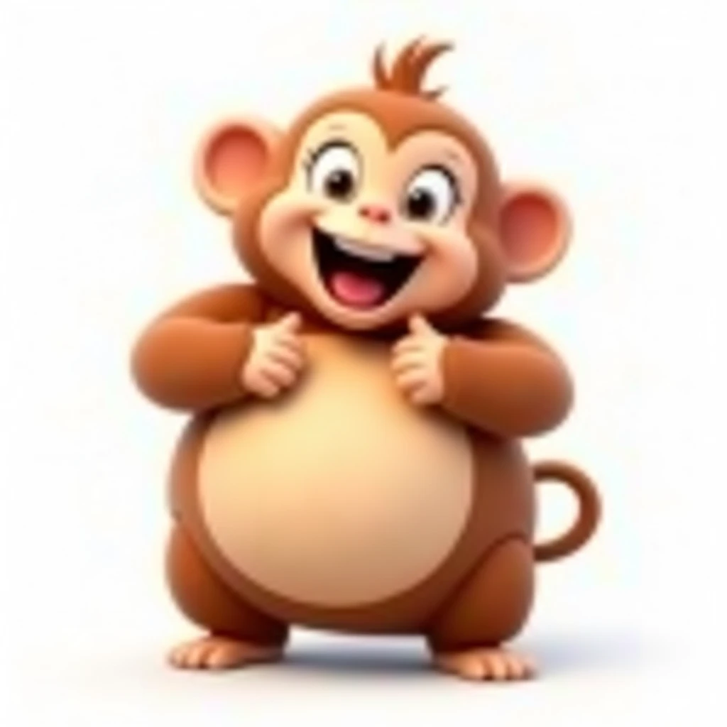 Create a 3D cartoon-style character of a chubby and cheerful monkey with a round belly, soft brown fur, and playful expression. The background should be plain white, emphasizing the characters joyful personality.