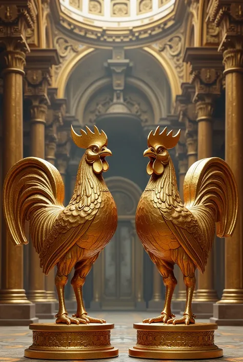 Image of a Colosseum from the Middle Ages all gilded with two statues of a rooster