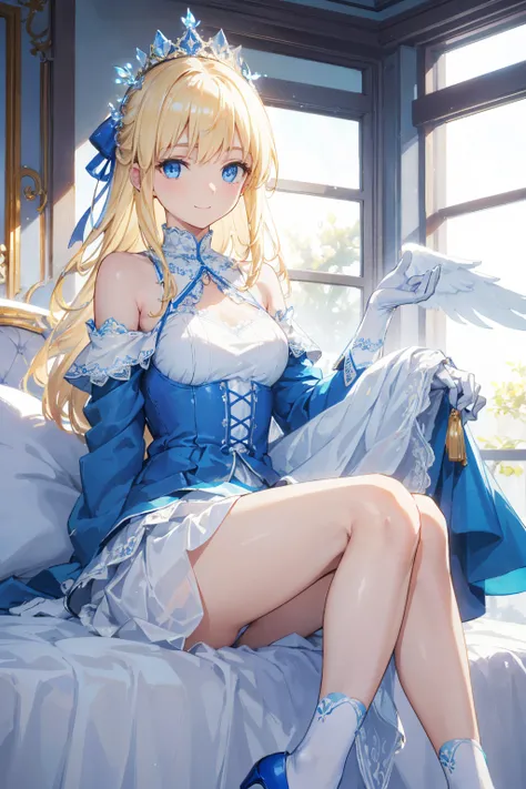 A modern style bedroom， A charming blonde angel sitting on a bedroom chair watching， Her long hair is adorned with delicate hair accessories ，She has bright blue eyes and a bright smile 。 She is wearing a blue and white off-the-shoulder pleated dress ，Matc...