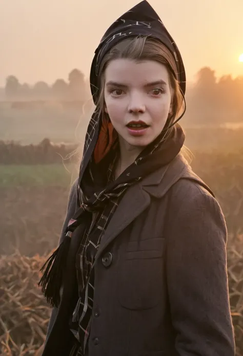 "1 young woman, ((Anya Taylor joy, witch)), with a scarf tied on her head,
yelling in front of the camera. "Thomasin"anger, feeling, angry look, background, farm, environment, sunrise, atmosphere, mysterious, photo realistic, good lighting, best masterpiec...