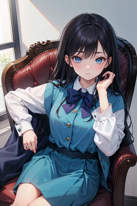 A high school student ， Has long, dark hair ， with warm blue eyes  ， Wore a fresh blue suit and black boots，  pure white collar and bright green bow 。  has long dark hair and warm blue eyes ， sitting on a chair 。