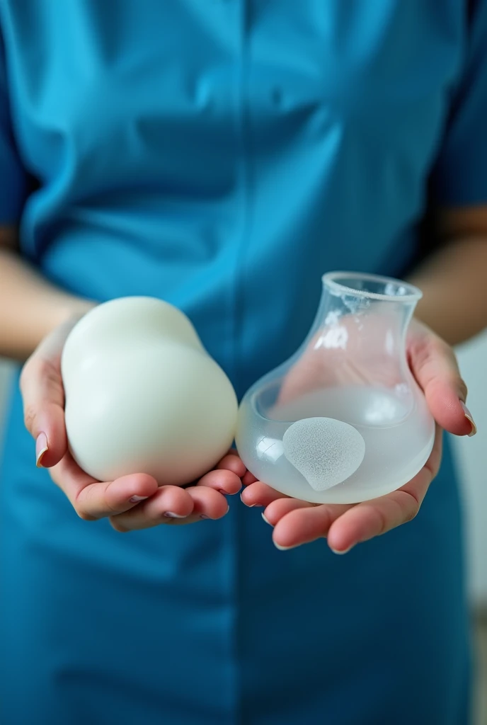  The image shows a pair of gloved hands holding two different types of silicone breast prostheses.  The person is dressed in a blue surgical apron . In the left hand,  is a prosthesis with an opaque and smooth texture ,  while on the right hand there is a ...