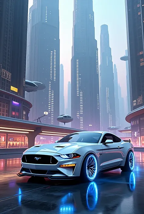 An ultra realistic shot of a white 2017 Mustang with LED wheels in a mega-futuristic city 