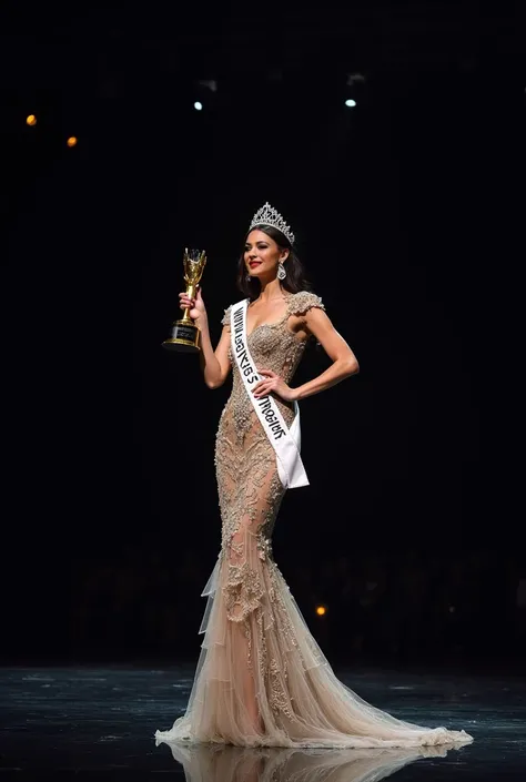  Miss Universe. Wear unique evening gown, sash, crown. And hold a trophy. Background black. Latinas. Body slim hour glass. On large stage. 