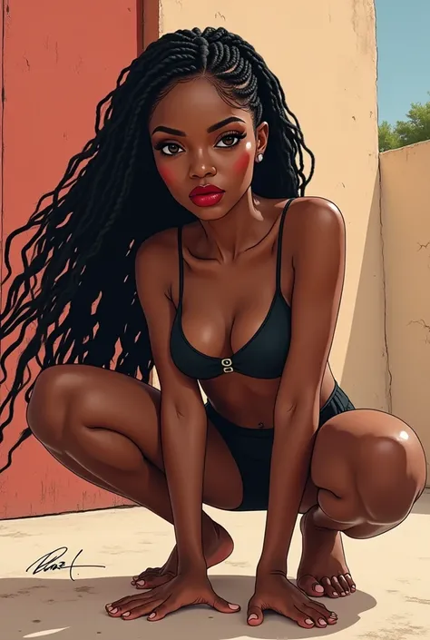  Black woman with light African braids,  black eyes,  red lips, Doing an anime squat
