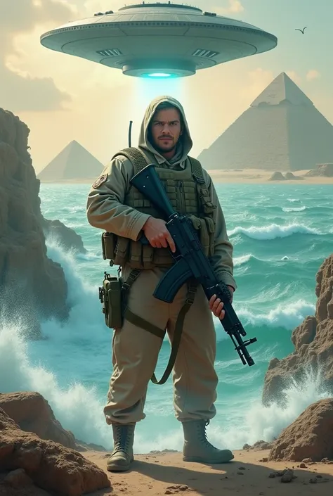  A soldier with a ninja hole ,  he is holding an ak47 in his hands ,  he is in the middle of the sea ,  he opened the sea like Moises ,  at the bottom of him an alien ship hanging in the air, paving the way .  At the bottom of the pyramids of Egypt .