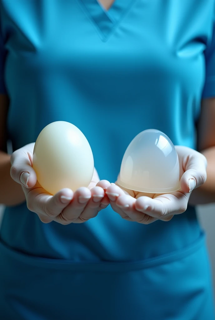 The image shows a pair of gloved hands holding two different types of round silicone breast implants The person is dressed in a blue surgical apron. In the left hand,  is a prosthesis with an opaque and smooth texture ,  while on the right hand there is a ...