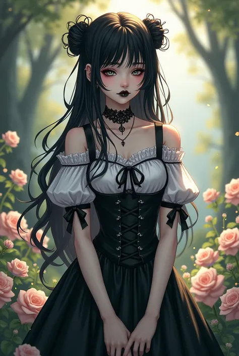 (masterpiece:1.2), (best quality:1.2), perfect eyes, perfect face, perfect lighting, 1girl, mature female gothgal standing with her hands in front, long hair, intricate hairdo, makeup, black lips, thick eyelashes, sad, melancholy, wearing a gothgal outfit,...