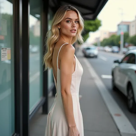 Create an image of (((Full body, head to toe))) in a wide 3D shot (((standing))) (((Mini Slip Dress Style Dress))) (((stiletto heels))), at a bus stop in japan, of Margot Robbie, of her physical appearance taking into account the harmonious combination of ...