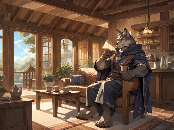 wolf, (gray fur:1.3), Fur cloak, Tunic, elegant demeanor, easygoing, drink tea, indoor, living room, wooden house, Countryside Style, sit on chair, cartoon, by null-ghost, by canyne khai,masterpiece, (16K), HD, Various facial details, detailed background, ...