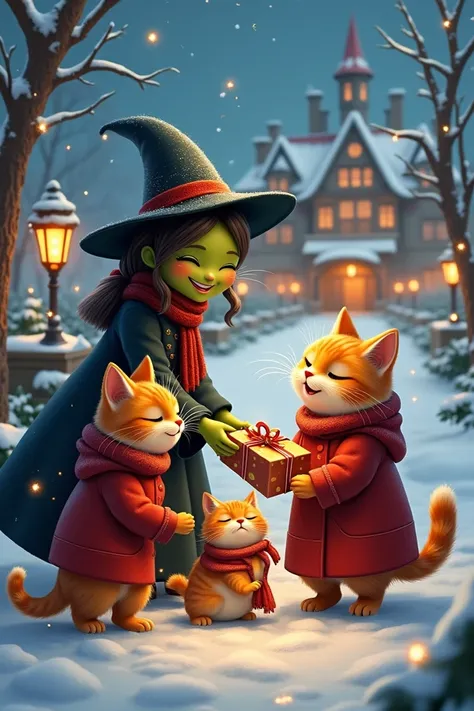 A magical New Year scene unfolds in a snowy winter landscape. Three adorable orange tabby cats—father, mother, and —are bundled up in festive red winter coats and scarves. They stand together, joyfully receiving beautifully wrapped gifts from a cheerful gr...