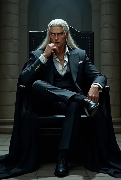 Create a beautiful man,  sitting on a dark throne in a stone room ,  long, white hair held in a half braid ,  golden eyes ,  beautiful face. Wearing an elegant V-cut suit , , a dark cape and a serious look .  That he is resting his jaw on the knuckles of h...