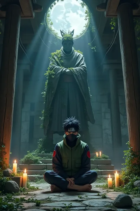  Kakashi Hatake real person with his mask and visible sharingan ,  sitting in front of a giant broken statue of a shinobi in an abandoned temple .  The temple is covered with vines and moss ,  with extinguished candles and a gloomy atmosphere .  Moonlight ...