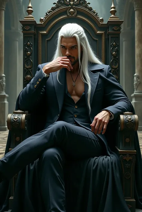  Create a beautiful prince from hell man ,  sitting on a dark throne in a stone room ,  long, white hair held in a half braid ,  golden eyes ,  beautiful face. Wearing an elegant V-cut suit , , a dark cape and a serious look .  That he is resting his jaw o...