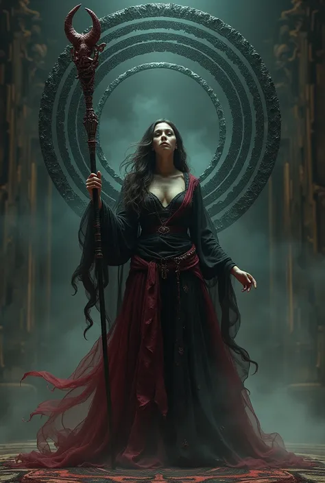 A female standing on an altar raising a staff trying to summon a demon. She is in a black and red torn dress. Floating behind her there is 6 concentric rings of black obsidian,
