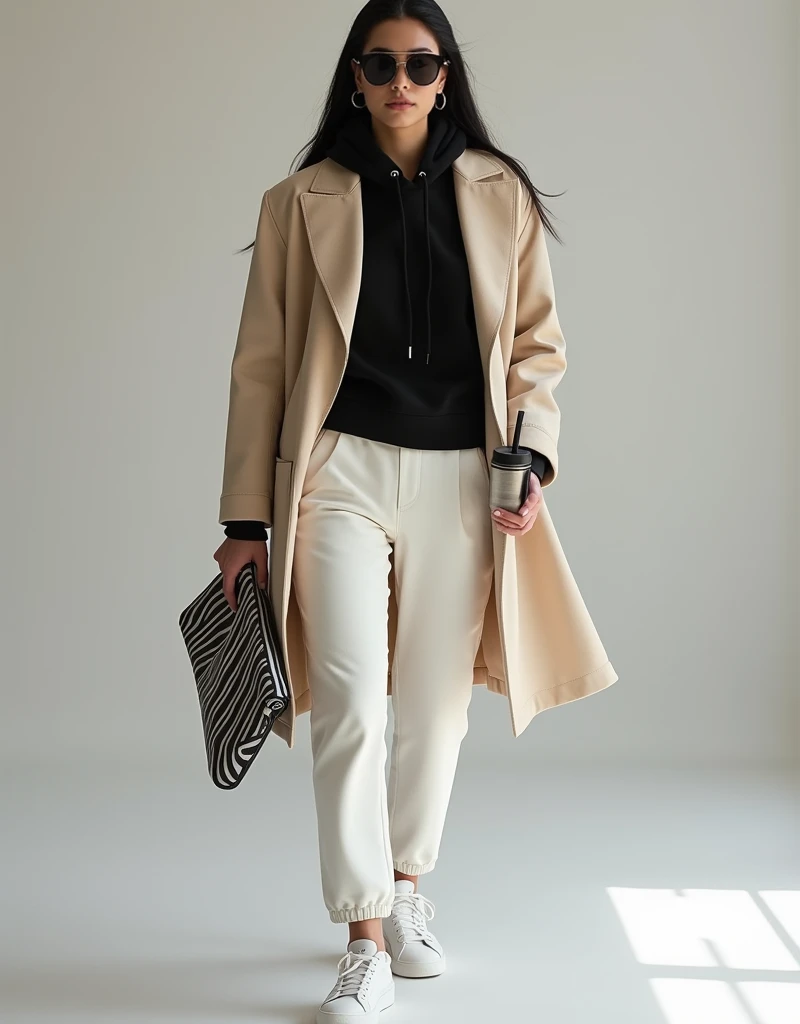 RAW photo, best quality, masterpiece, photorealistic, Long black hair, 20 years old, A fashionable and confident woman dressed in a modern casual outfit that exudes effortless elegance. She is wearing a soft beige oversized long coat that adds a sense of r...