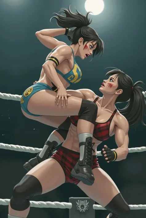 Illustration、Two female wrestlers、 Japanese idol female pro wrestlers、 short ponytail、 Heel Wrestler 、Devils Kumadori 、fight、Japanese idol wrestlers are inferior 、( digital art )、Watercolor ink、( High Quality :1.4)、masterpiece、( high definition)、HDR、8k、Abs...