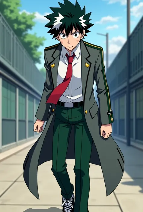 Anime screenshot boy from my Hero Academia, , black hair with white highlights, black eyes, wears the UA uniform, long gray blazer and green stripes, green pants and black tennis shoes, white school shirt and red tie