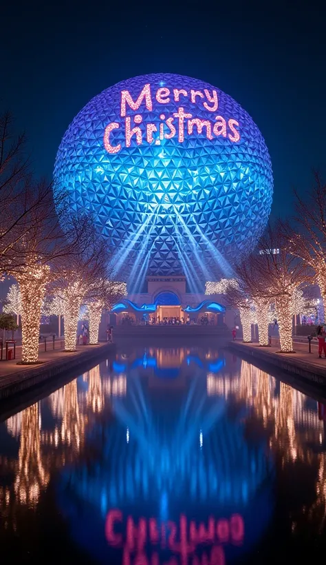 It is decorated with Christmas decorations and says "Happy Merry Christmas.", A fusion of holograms and Aurora Diamond Vision, a huge planetarium-like structure that projects beautiful scenery in 360 degrees, Christmas version, masterpiece, best quality, v...