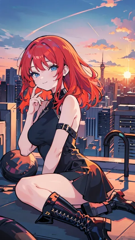 ((Best Illustration)) Brazilian Girls, Redhead, Portrait of a Brazilian girl with a teenage figure ,  Black Top ,  in a black tight dress ,  black boots ,  cityscape , architecture, Skyline, Sunset, Cloud outline, meditation.  