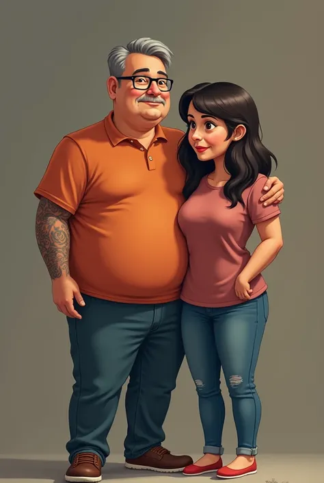 A middle-aged couple , where the lady is very fat , She has brown skin and has a bit of gray hair in her medium-length dark hair and she is Latina, And the man is thin , with brown skin clara con bigote y cabello oscuro con algo de canas y largo. they have...