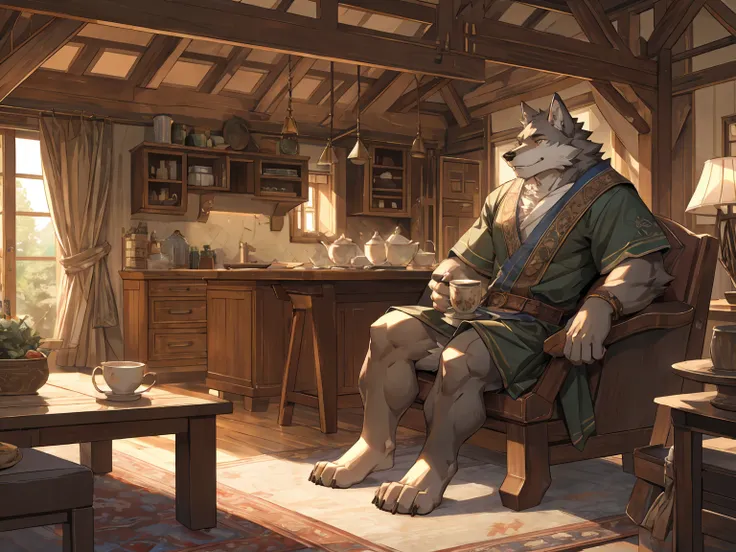 wolf, (gray fur:1.3), Tunic, elegant demeanor, easygoing, drink tea, indoor, living room, wooden house, Countryside Style, sit on chair, cartoon, by null-ghost, by canyne khai,masterpiece, (16K), HD, Various facial details, detailed background, very detail...