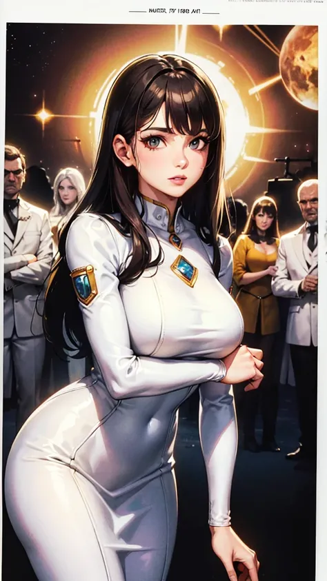 An image of a woman in a white dress standing in front of a crowd, 70s Science Fiction Art, Attractive brown-haired woman ,  detailed skin texture , Extremist, promotional render, via Menez, Cosmic Bjork,  steampunk, Wilma, Mars Attacks, Circa 1970, cp2077...