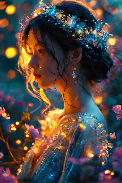 A full-body portrait of a woman in a moonlit garden, silk gown shifting colors, adorned with crystal-adorned midnight hair.bare skin