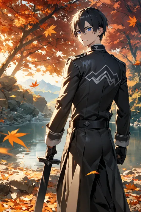 masterpiece, 最 High Quality , 8k, ((1 male, Alone, male focus, confident,)),  A lake in a nature-rich Japanese-style garden with autumn leaves spreading, blue sky、最 High Quality , Kirito,  Japanese delicate and elegant anime style cool guy, Draw faces in h...