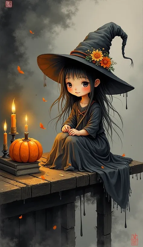 sumi-e art,abstract painting,an absolutely adorable little witch is sitting on the edge of a wooden deck, with an old straw broom in her hands, her raggy dress flows down over the deck, on her head is a floral witches hat, she is smiling, twinkle in her ey...