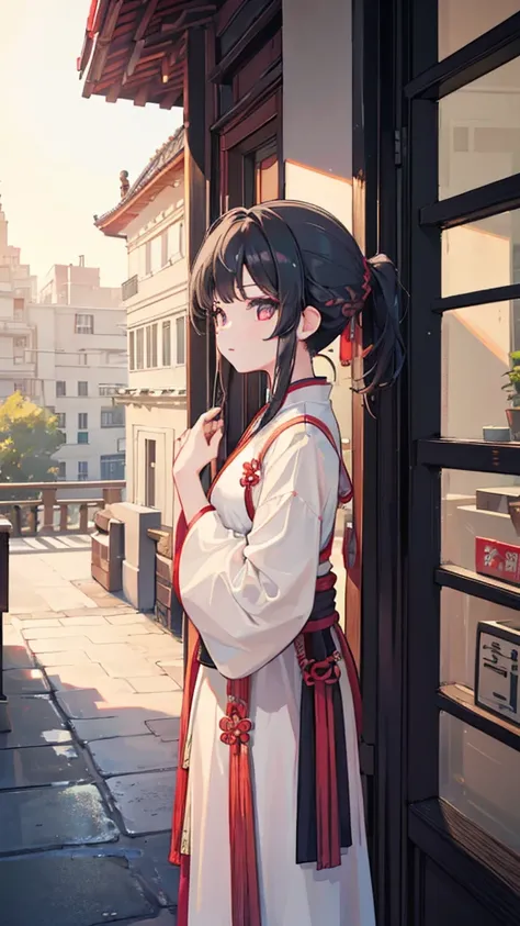 ((1 Girl)),((architecture)), Braided Bangs,Braided Ponytail,( unique :1.2), Black Hair, s, View Audience,  sunshine,Hanfu, Chengqiang, 