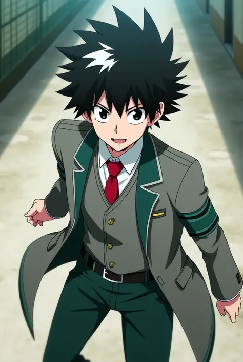 Anime screenshot boy from my Hero Academia, , black hair with white highlights, black eyes, wears the UA uniform, long gray blazer and green stripes, green pants and black tennis shoes, white school shirt and red tie