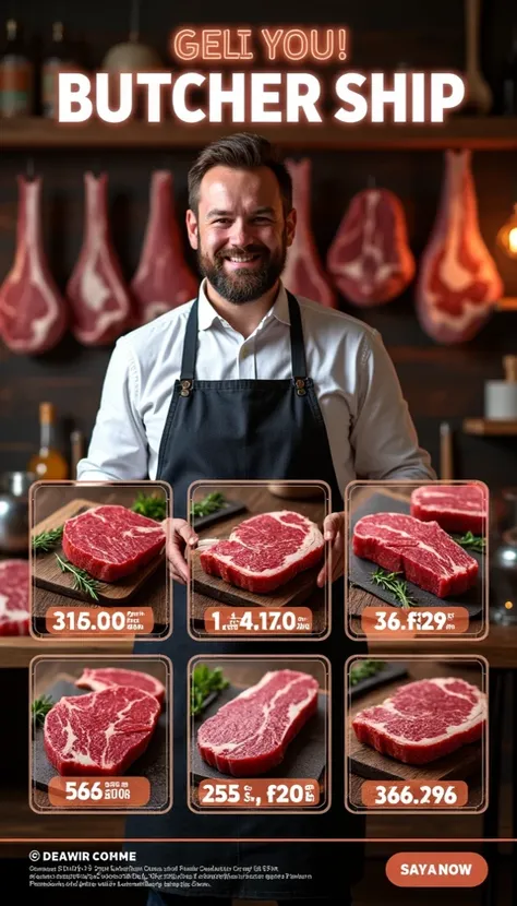 Create a 1920x1920px promotional card for a butcher shop. The background should feature a realistic butcher shop setting, such as a wooden butchers block, hanging meat, or a rustic meat display, with warm, focused lighting that enhances the theme of meat a...