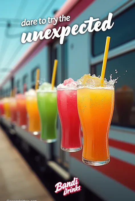 Advertising poster showing refreshing drinks that are stuck on the outside of a train, with the title Bandi-Drinks , and the phrase "Dare to try the unexpected  ".