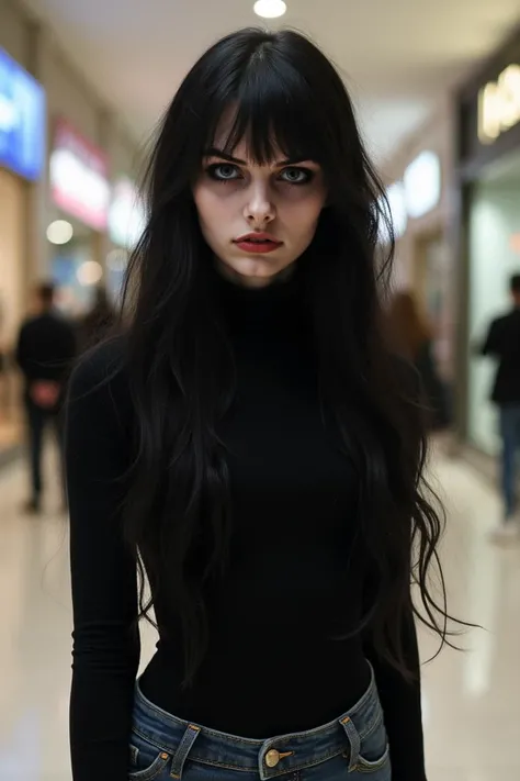  Young goth , long black hair, long bangs, vivid blue eyes, skinny, small boobs, petite,  wearing a black tight sweater and jeans, in the background a Winnipeg mall 