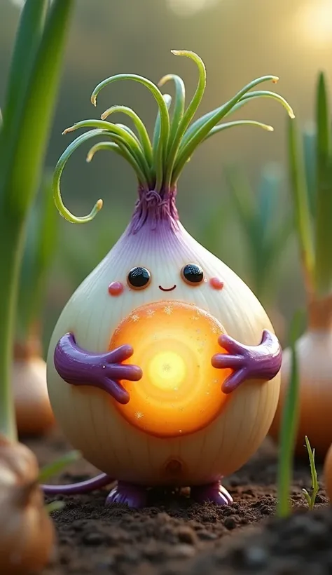 Design a playful onion creature with a round, bulbous body in soft shades of white and purple, with thin, curling tendrils of green at its top. Its big, sparkling eyes add a touch of humor and charm. The creature stands in a fragrant garden surrounded by o...