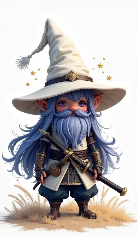 tampak depan,a soft colors,3d,sumi e art,an absolutely gnome in black white,with long blue purple hair,on his head is a white witches hat with stars ornament,standing on the land,  carrying a katana,wearing Japanese armor,some magical energy particles floa...