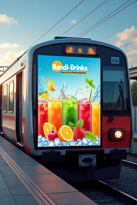 Advertising poster showing refreshing drinks that are attached to the outside of a train car, with the title Bandi-Drinks , and the phrase "Dare to try the unexpected  ".