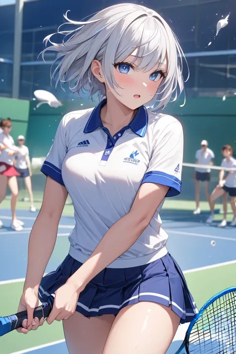 masterpiece、 best quality，One high school girl， Silver Hair，Short hairstyles on the side ， blue eyes， Shortcut Hair、Tennis Spray Final Match ，High school tennis club captain， dynamic sports motion 、The moment I hit the ball with my racket 、 An aphrodisiac ...